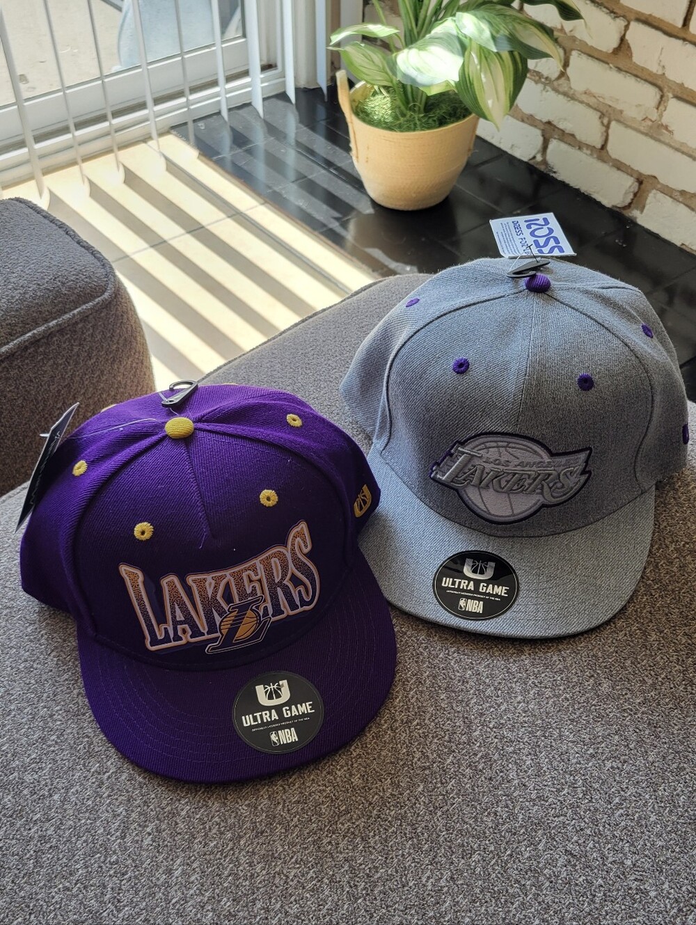 2 Adult Lakers Snapback Hats - Purple and Gray